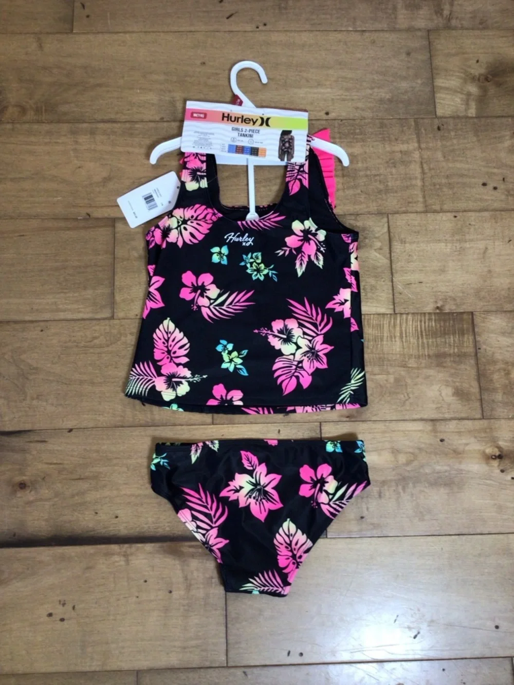 Hurley Girls 2-Piece Ruffle Black Tropical Floral Tankini Swim Set Size M 7-8